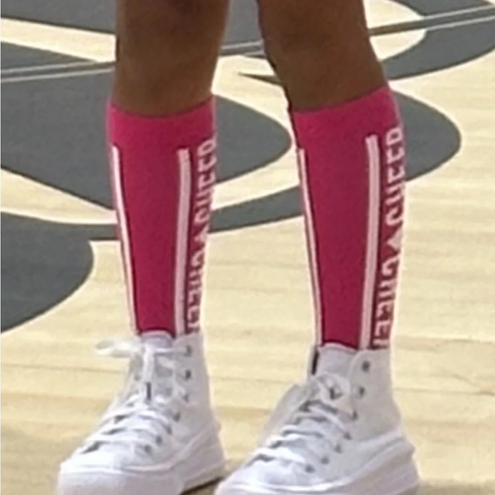 Cheer socks in bright pink & white